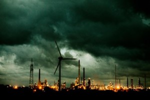 Night shot of wind turbine and power station in Schleswig Holstein, Germany